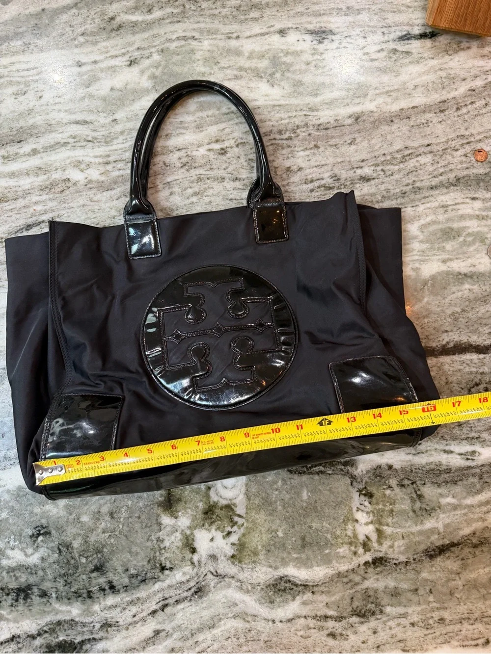 Tory Burch Black Nylon Tote with Glossy Patent Logo
